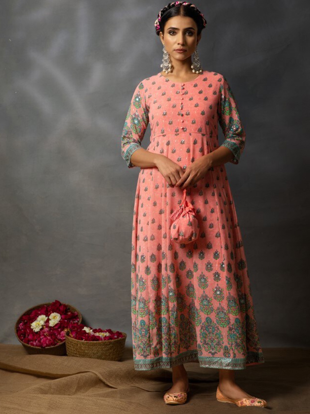 Juniper Floral Printed Georgette Maxi Anarkali Dress, Pink