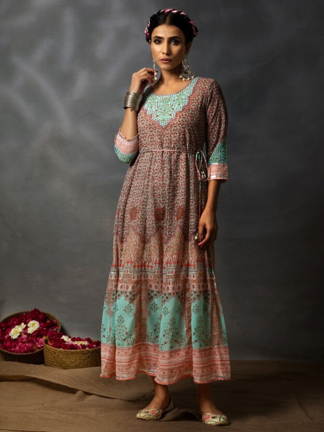 

Juniper Ethnic Motifs Printed Georgette Tie-Ups Maxi Dress, Peach