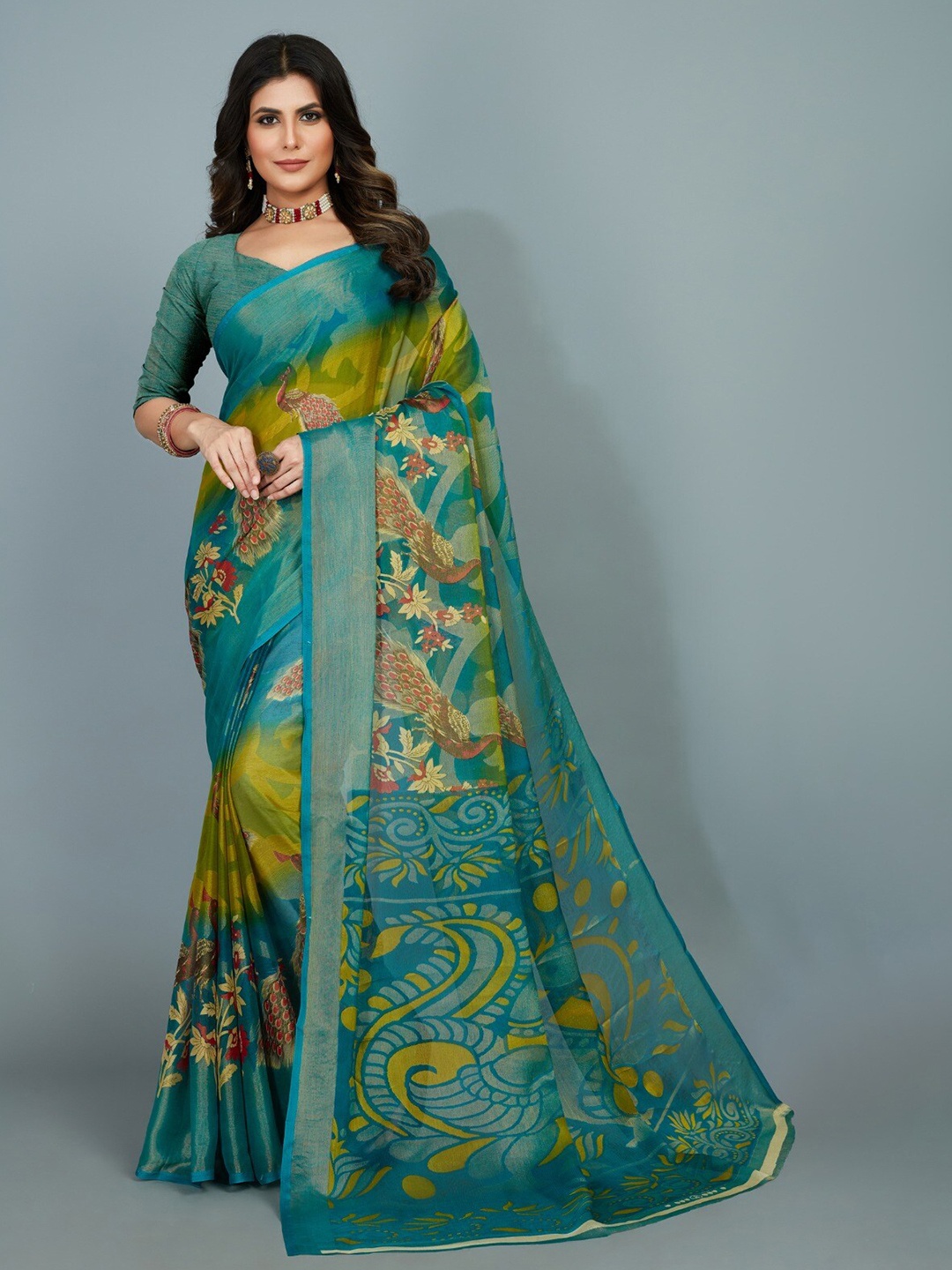 

Sanwariya Silk Floral Printed Brasso Saree, Green