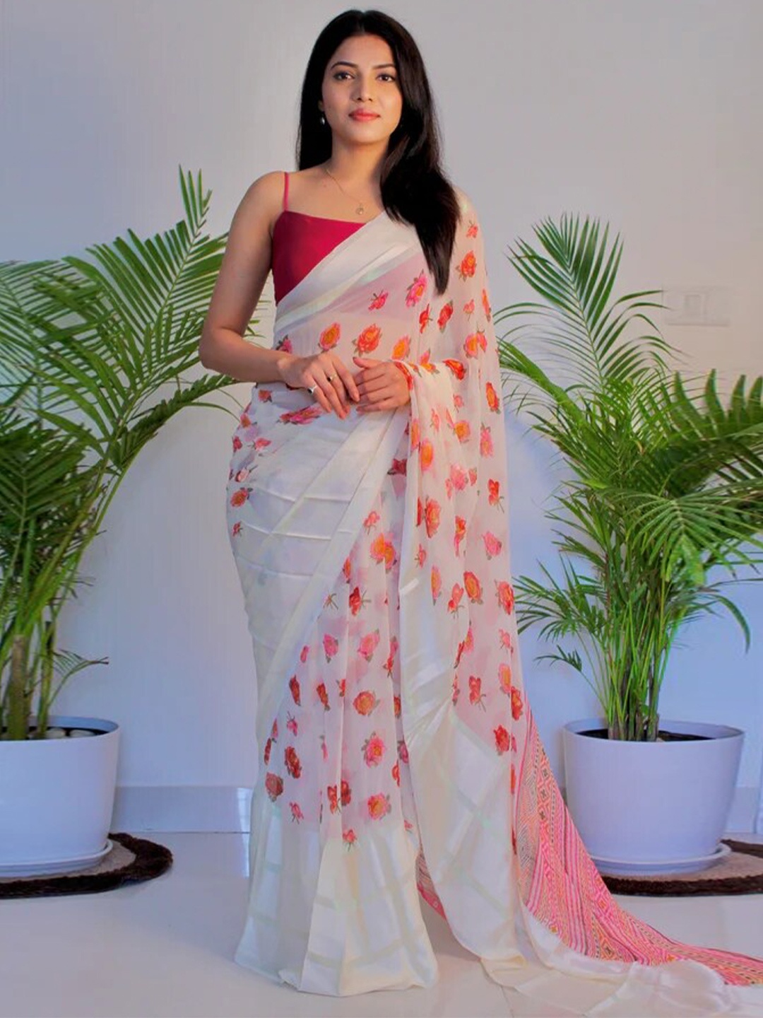 

Sanwariya Silk Floral Printed Satin Saree, Cream