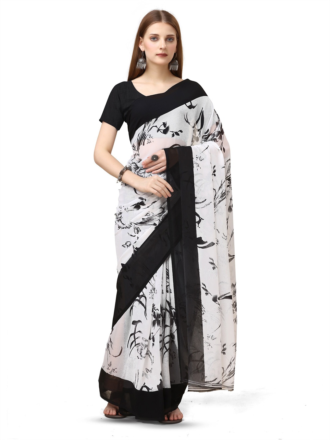 

Sanwariya Silk Abstract Block Printed Saree, White