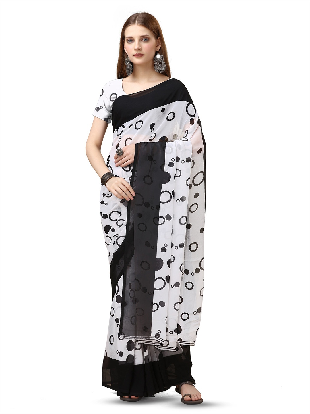 

Sanwariya Silk Geometric Block Printed Saree, White