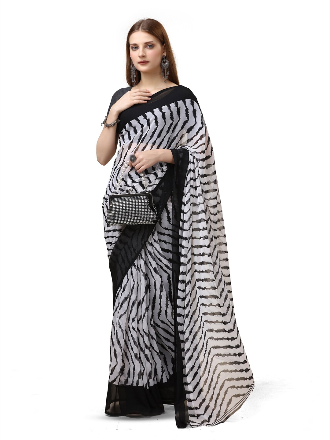 

Sanwariya Silk Striped Block Printed Saree, White