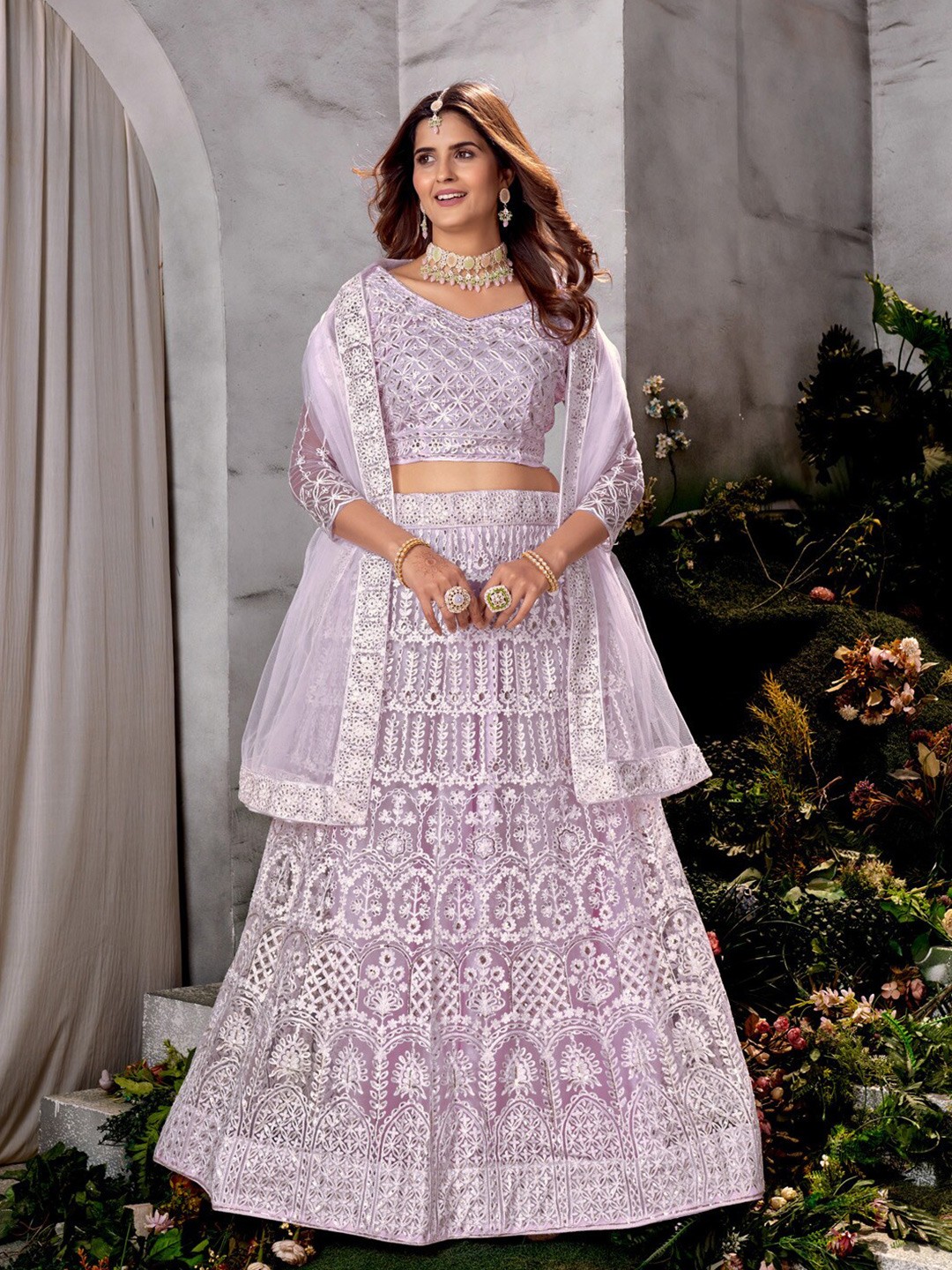 

Kvsfab Embellished Sequinned Semi-Stitched Lehenga & Unstitched Blouse With Dupatta, Lavender
