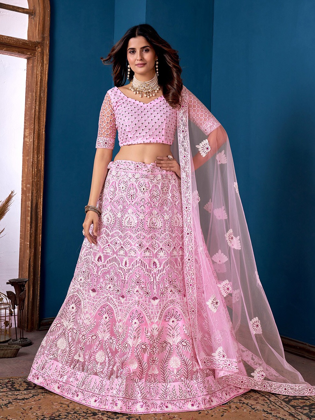 

Kvsfab Embroidered Sequinned Semi-Stitched Lehenga & Unstitched Blouse With Dupatta, Pink