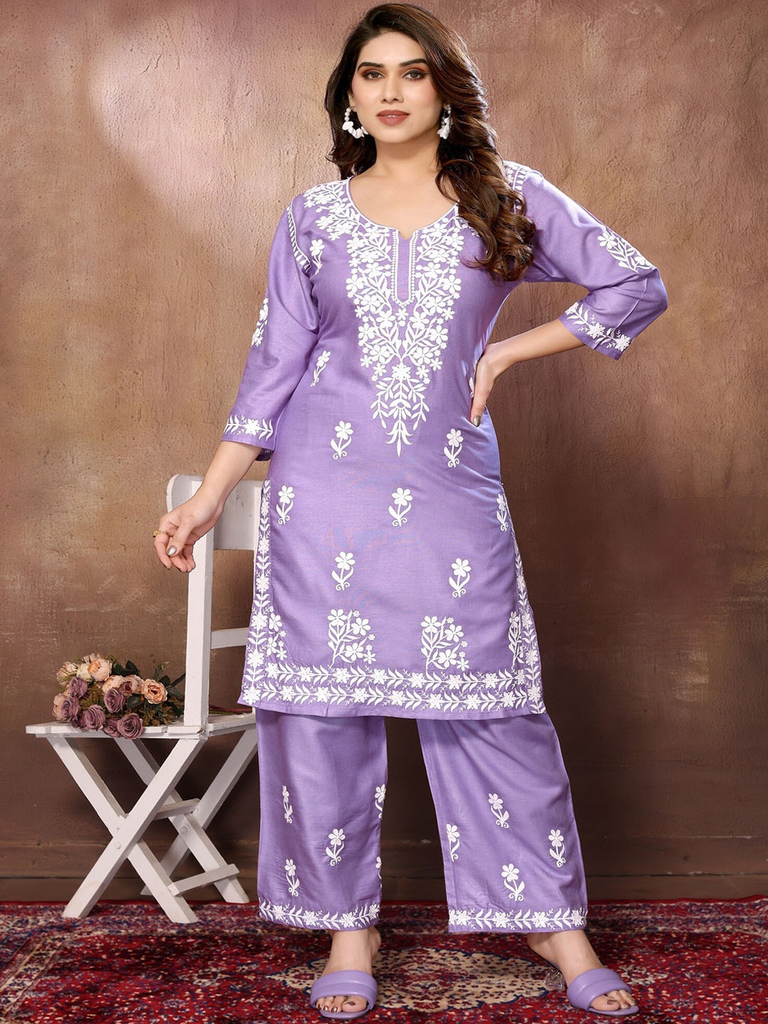 

FABMORA Floral Embroidered Round Neck Three-Quarter Sleeves Chikankari Kurta with Palazzos, Purple