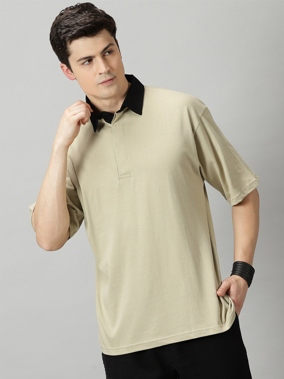

THE HOLLANDER Polo Collar Drop-Shoulder Sleeves Oversized Fit Cotton T-shirt, Beige