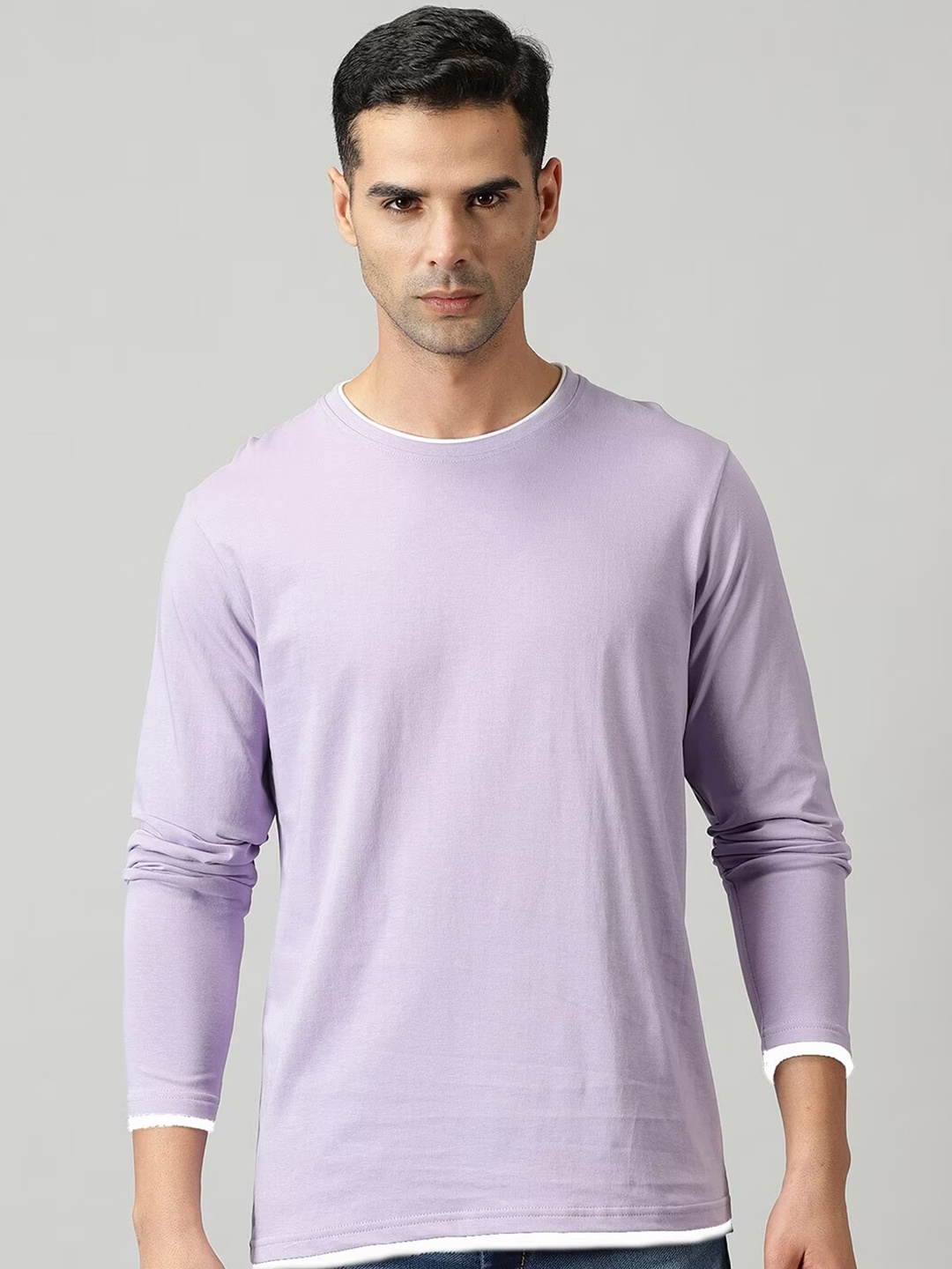 

THE HOLLANDER Long Sleeves Pure Cotton Round Neck Casual T-shirt, Purple