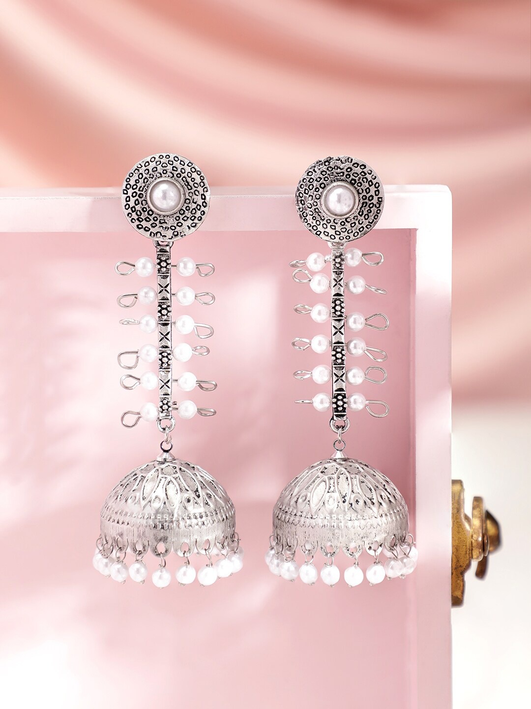 

Rubans Pearl Beaded Oxidized Contemporary Jhumkas, Metallic