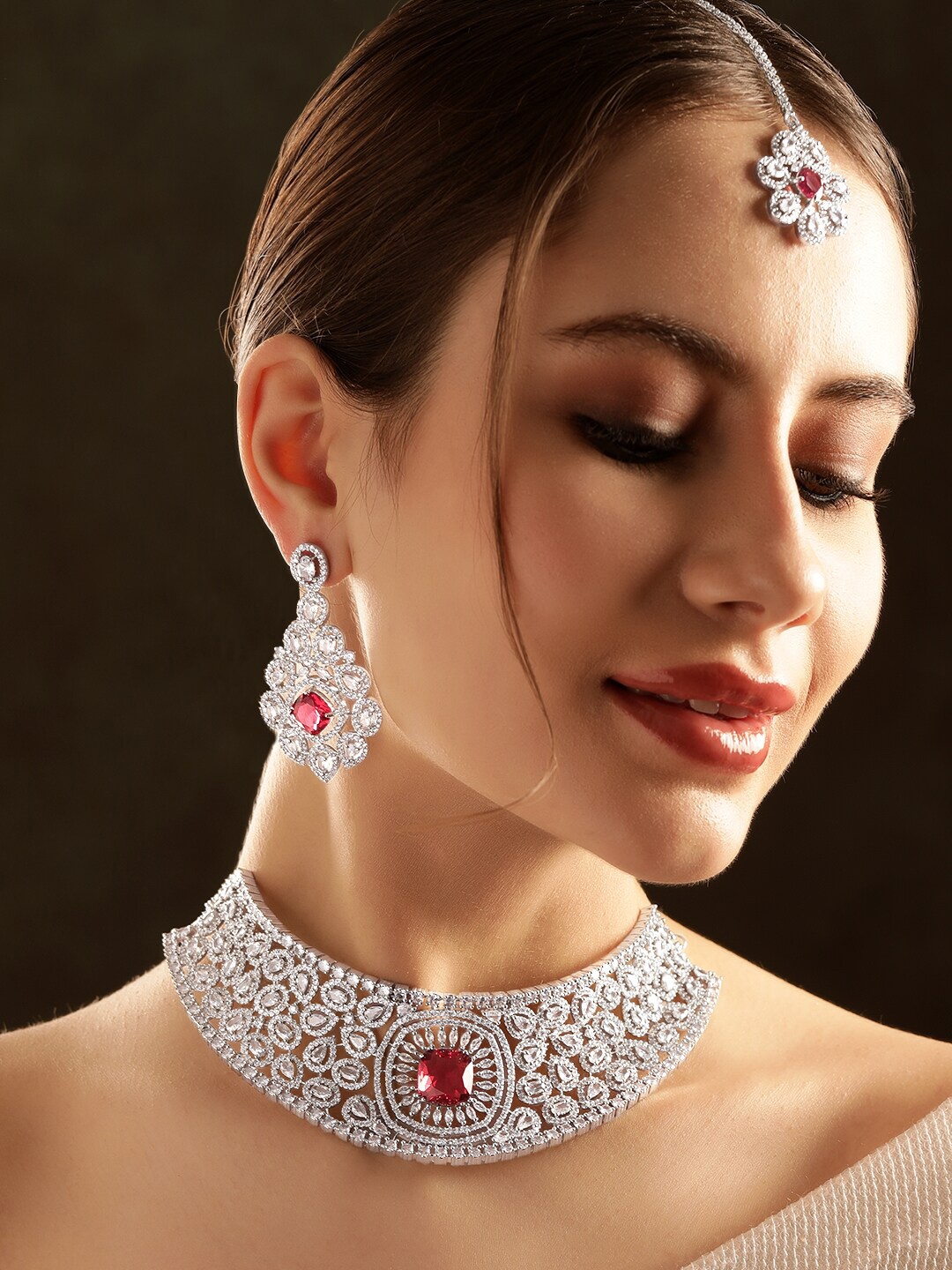 

Rubans Rhodium-Plated Cubic Zirconia-Studded Necklace And Earrings With Maang Tika, Silver