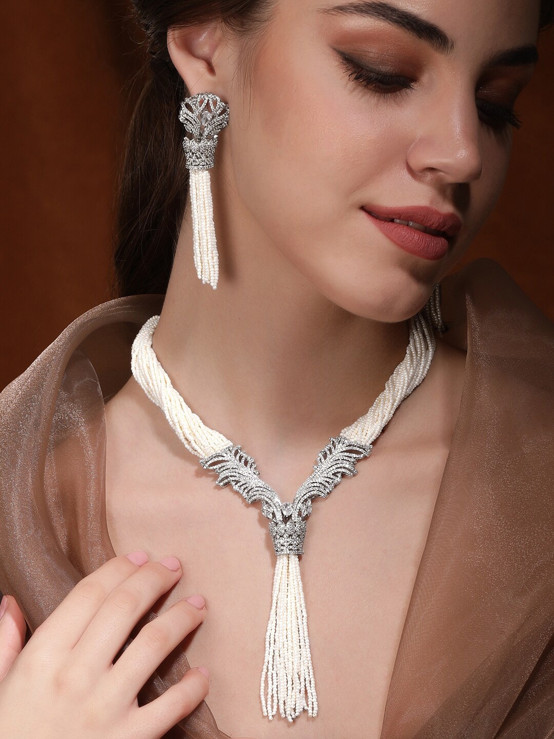 

Rubans American Diamond-Studded & Beaded Necklace And Earrings, White