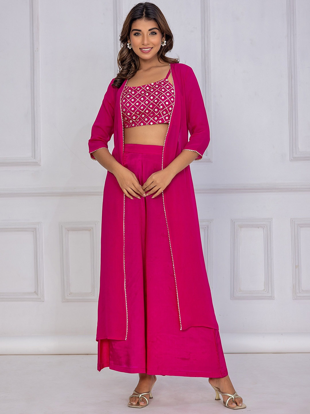 

KASYA Embroidered Ethnic Crop Top & Palazzo With Shrug, Pink