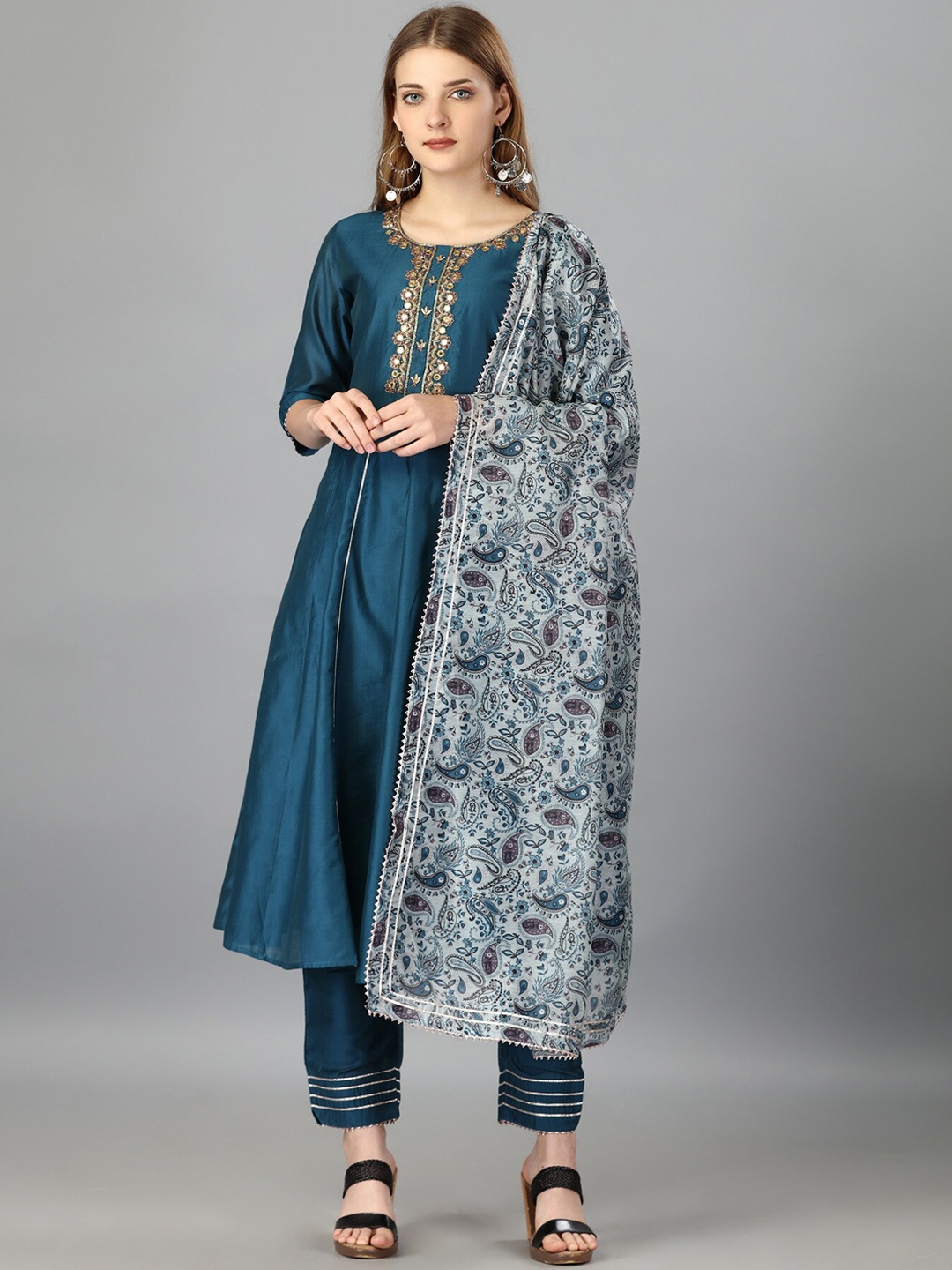 

Sanwariya Silk Yoke Design Embroidered Anarkali Kurta With Trousers & Dupatta, Blue