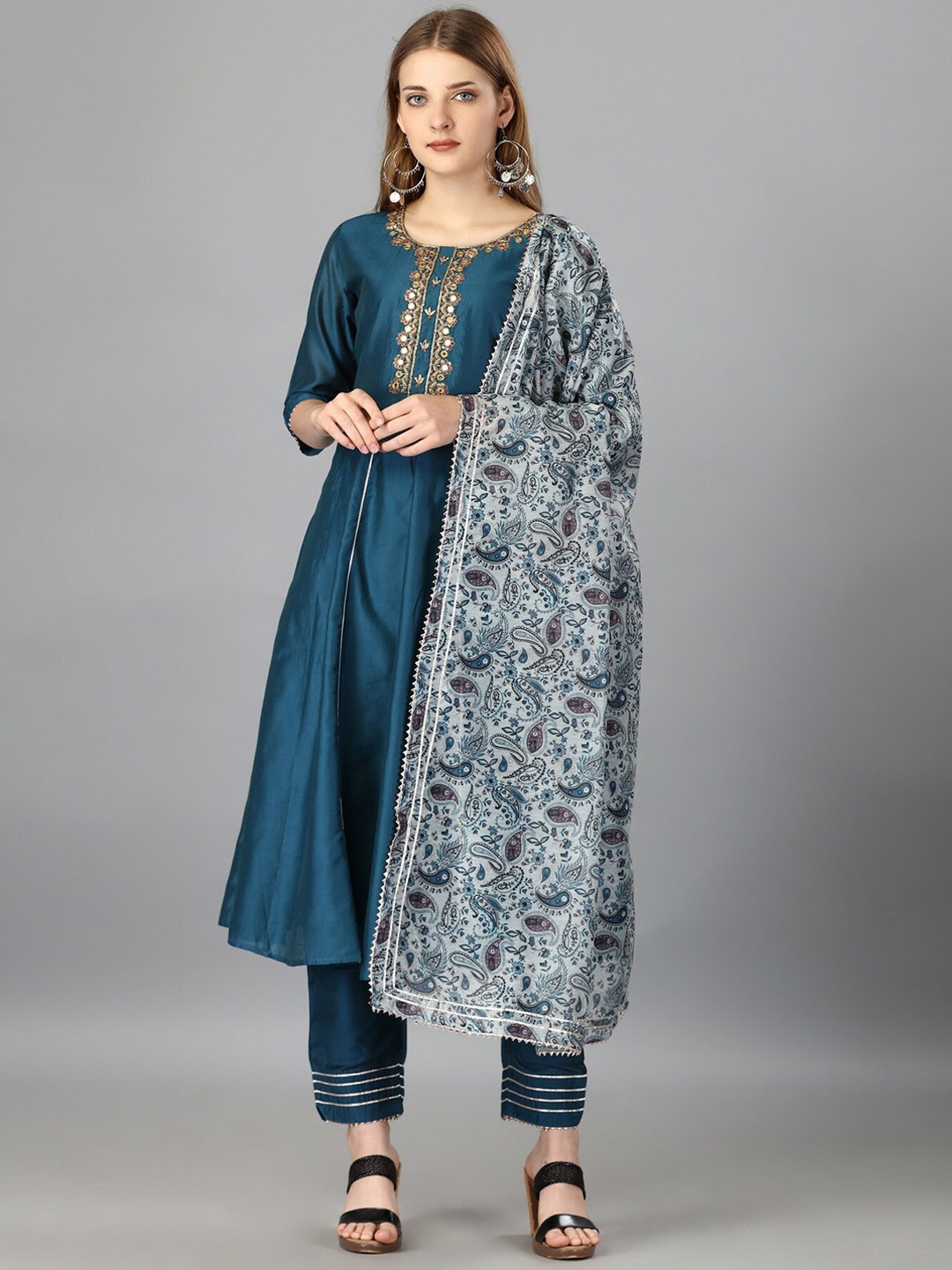 

Sanwariya Silk Yoke Design Embroidered Anarkali Kurta With Trousers & Dupatta, Blue
