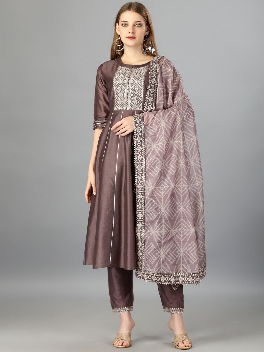 

Sanwariya Silk Yoke Design Embroidered Anarkali Kurta With Trousers & Dupatta, Brown