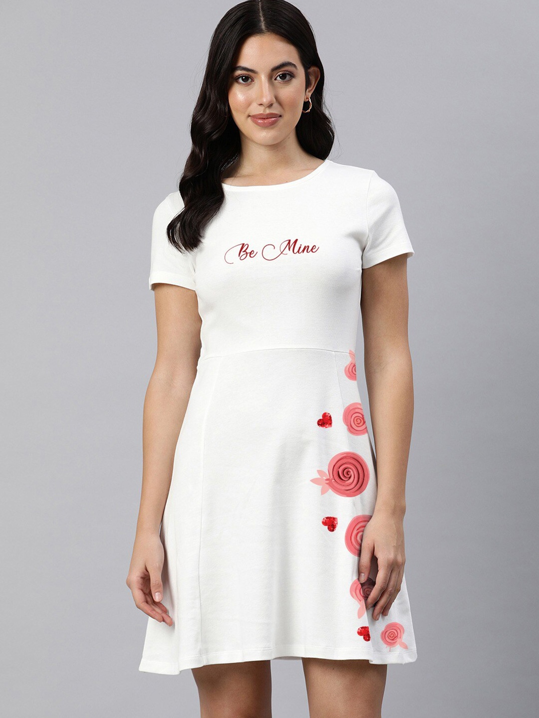 

Huetrap Round neck Short Sleeves Floral Print Fit & Flare Cotton Dress, Off white