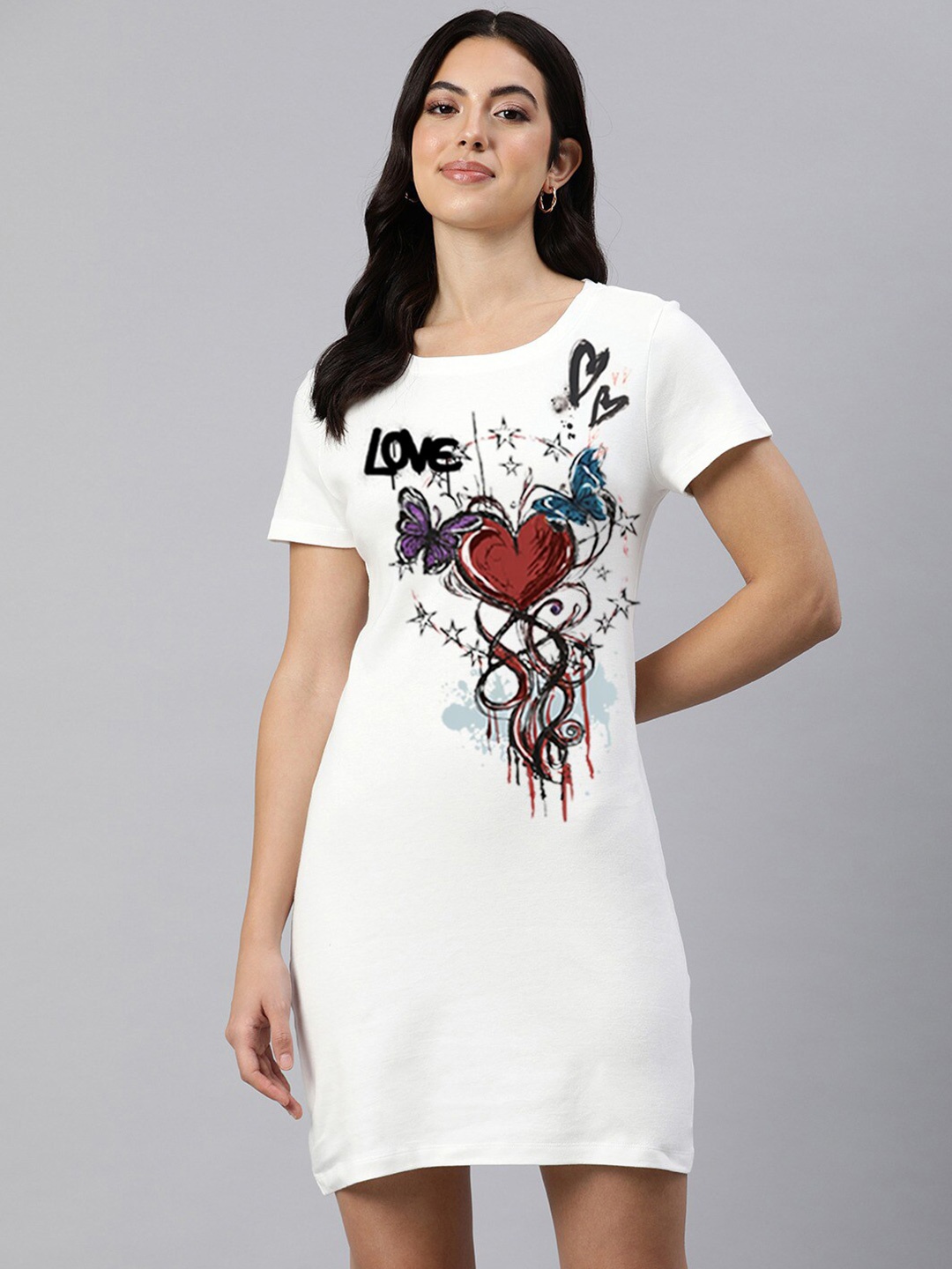 

Huetrap Round Neck Short Sleeves Print T-shirt Cotton Dress, Off white
