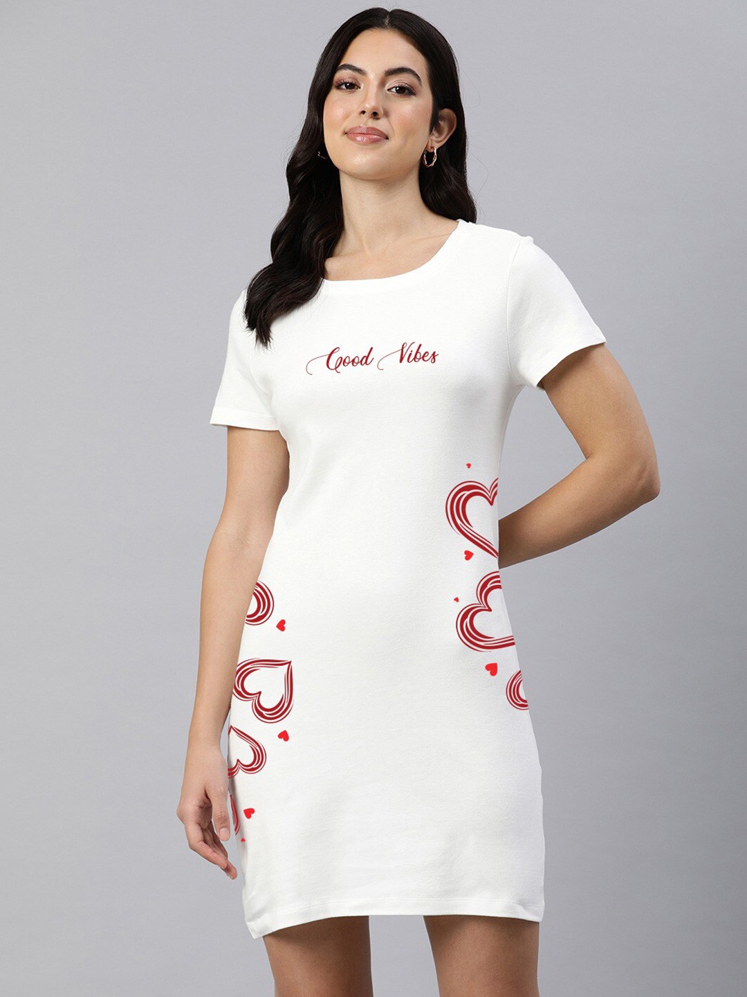 

Huetrap Round Neck Short Sleeves Print T-shirt Cotton Dress, Off white