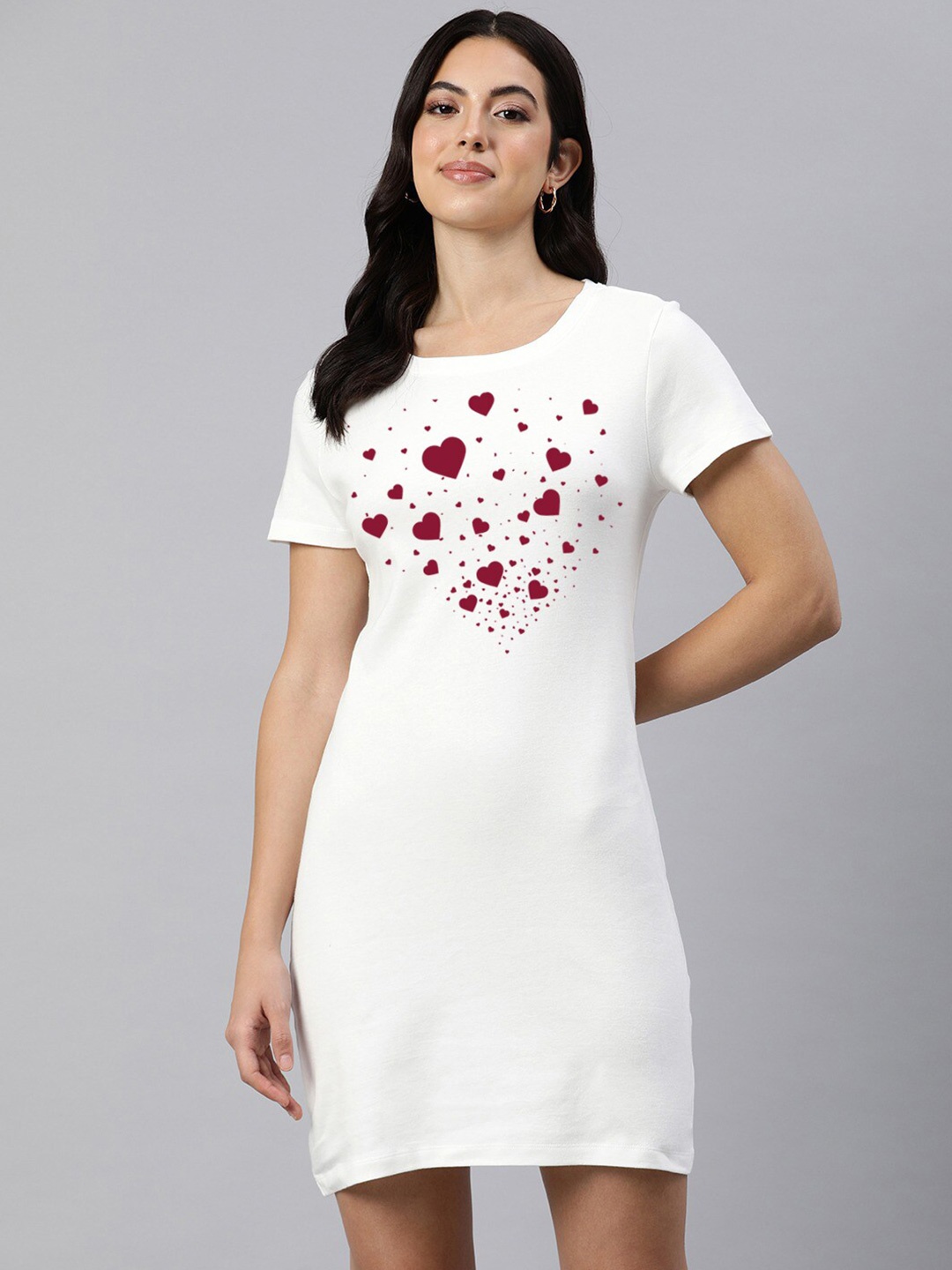

Huetrap Round Neck Short Sleeves Printed T-shirt Cotton Dress, Off white