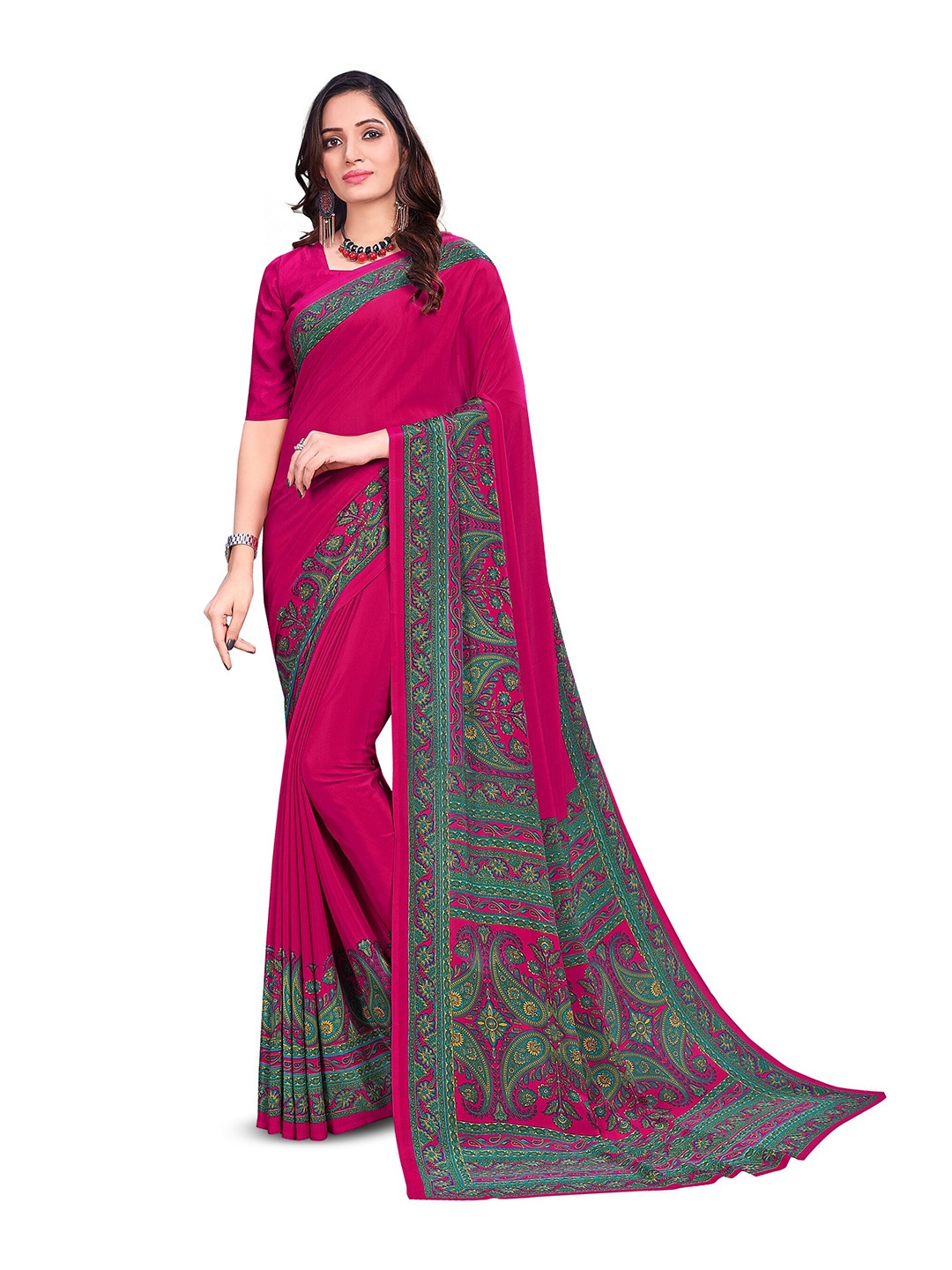

VIMLA Ethnic Motifs Printed Pure Crepe Mysore Silk Saree, Pink