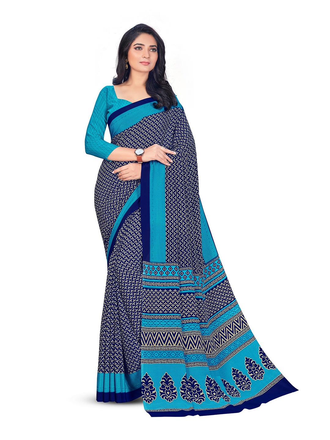 

VIMLA Floral Printed Pure Crepe Mysore Silk Saree, Navy blue