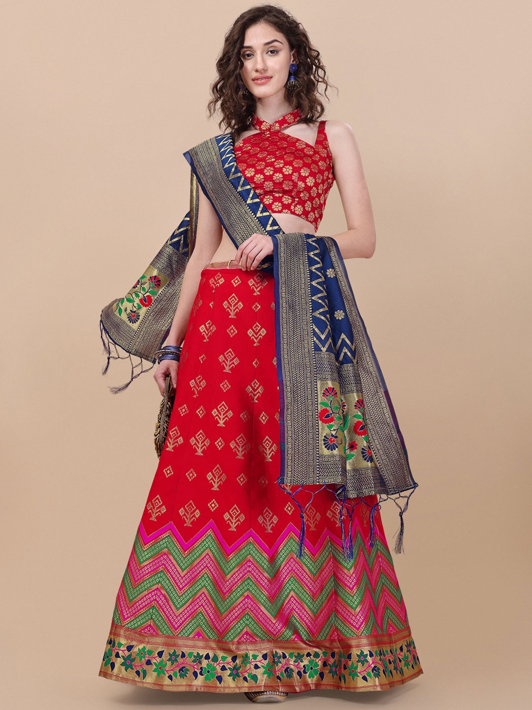 

NIZA FASHION Woven Design Semi-Stitched Lehenga & Unstitched Blouse With Dupatta, Red