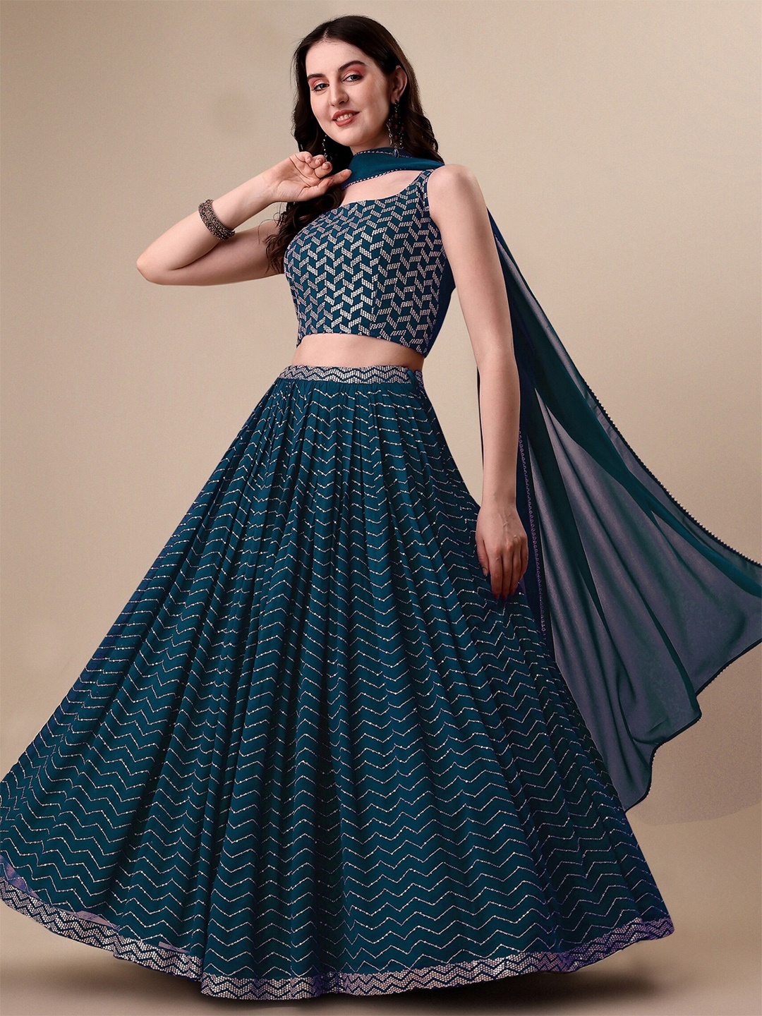 

NIZA FASHION Embroidered Sequinned Semi-Stitched Lehenga & Unstitched Blouse With Dupatta, Green