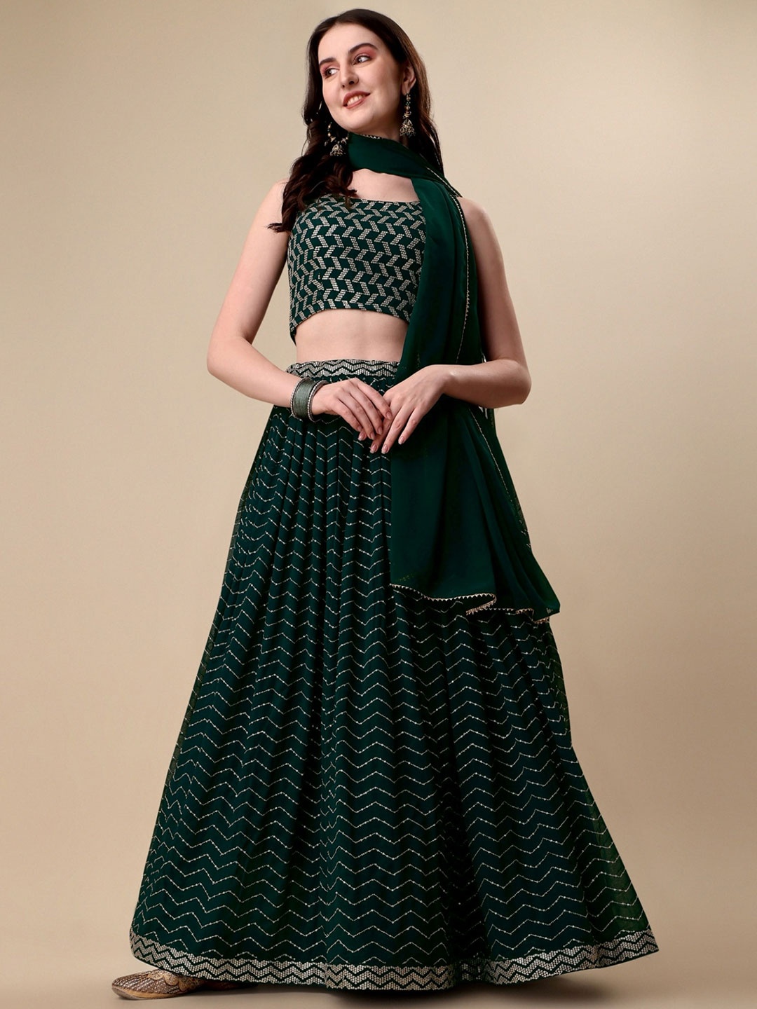 

NIZA FASHION Embroidered Sequinned Semi-Stitched Lehenga & Unstitched Blouse With Dupatta, Green