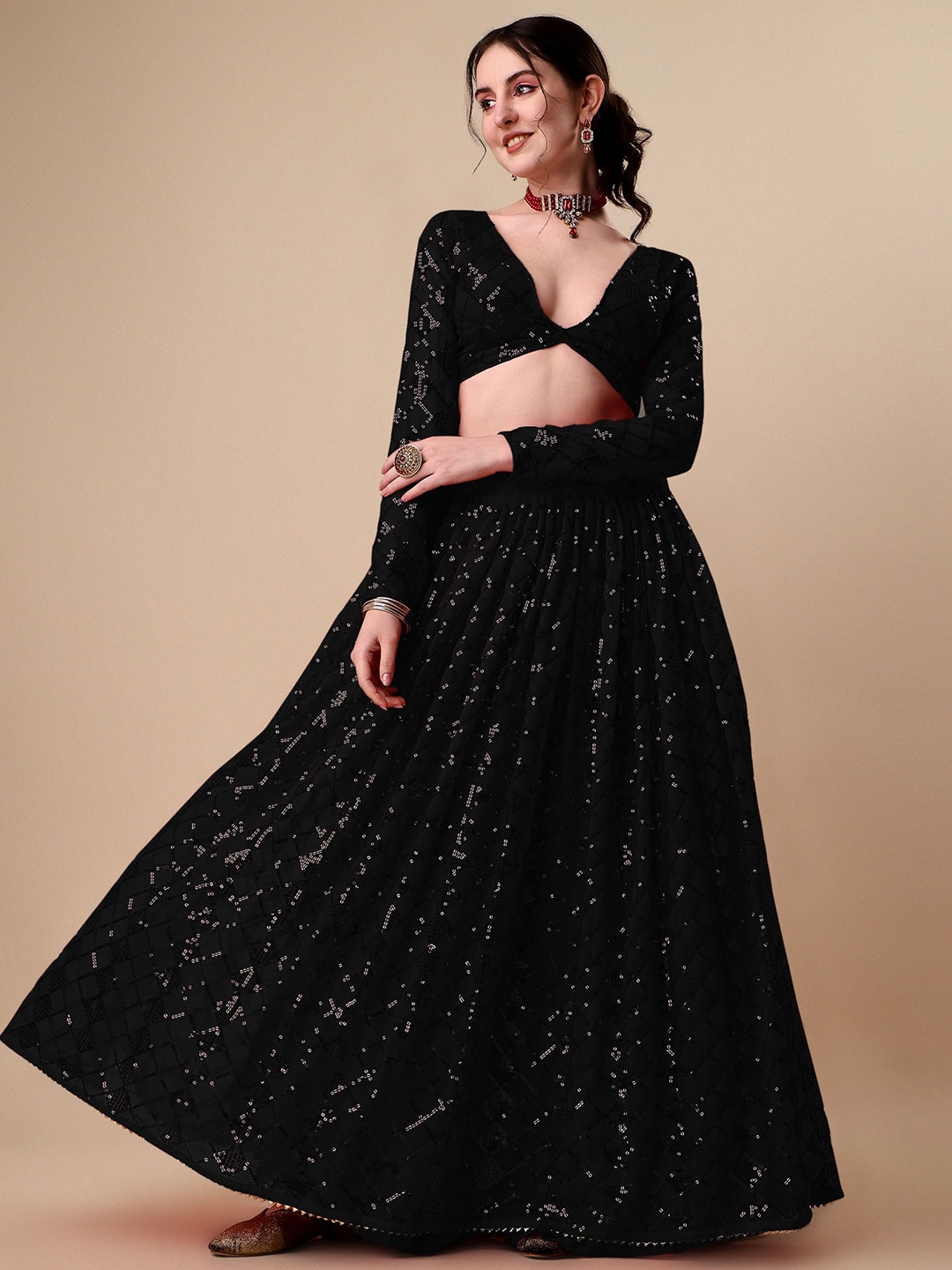 

NIZA FASHION Embroidered Sequinned Ready to Wear Lehenga & Unstitched Blouse With Dupatta, Black