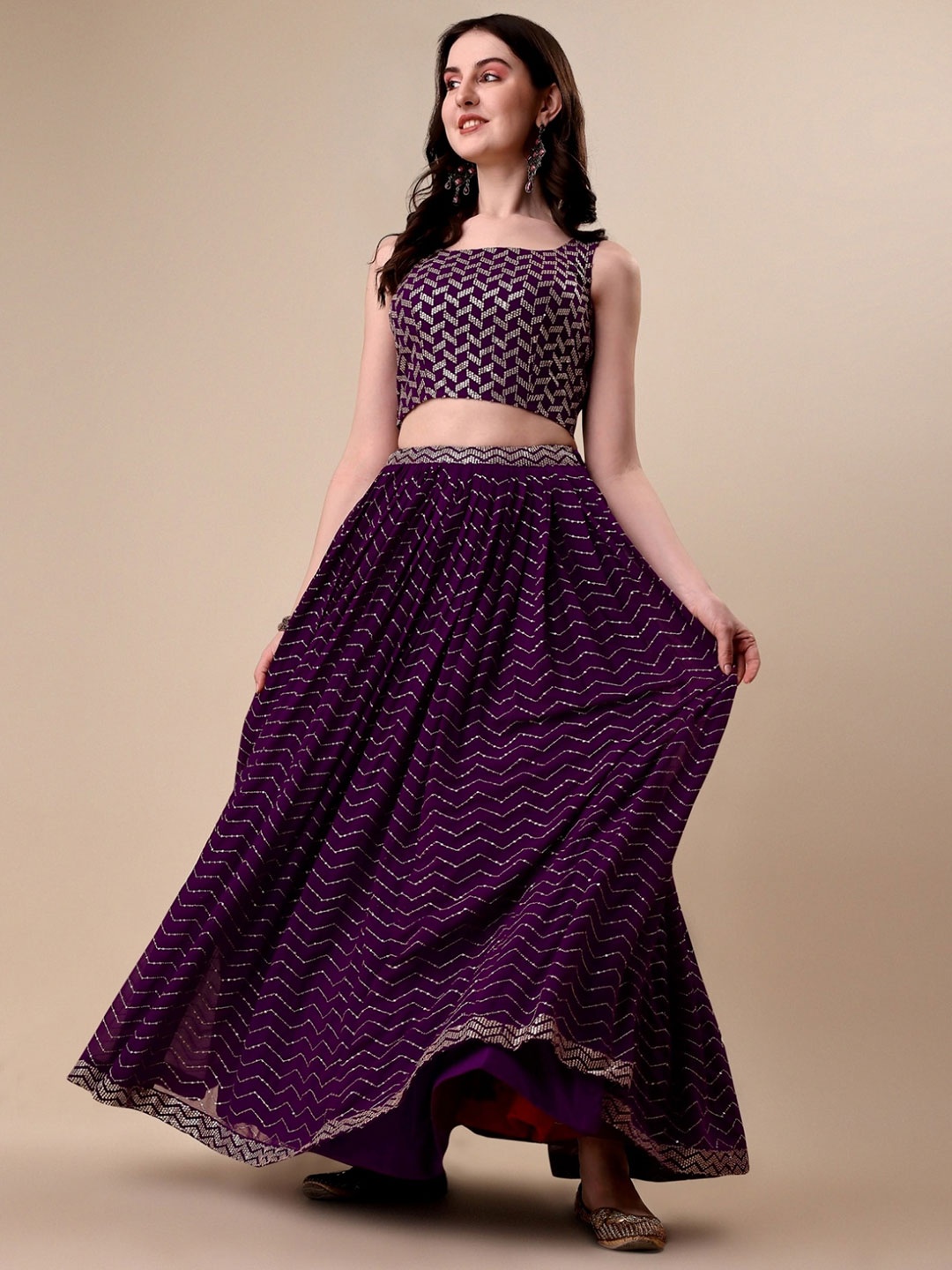 

NIZA FASHION Embroidered Sequinned Semi-Stitched Lehenga & Unstitched Blouse With Dupatta, Purple