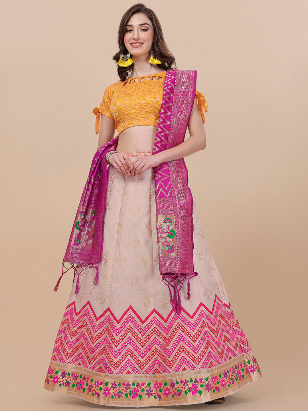 

NIZA FASHION Woven Design Semi-Stitched Lehenga & Unstitched Blouse With Dupatta, Cream