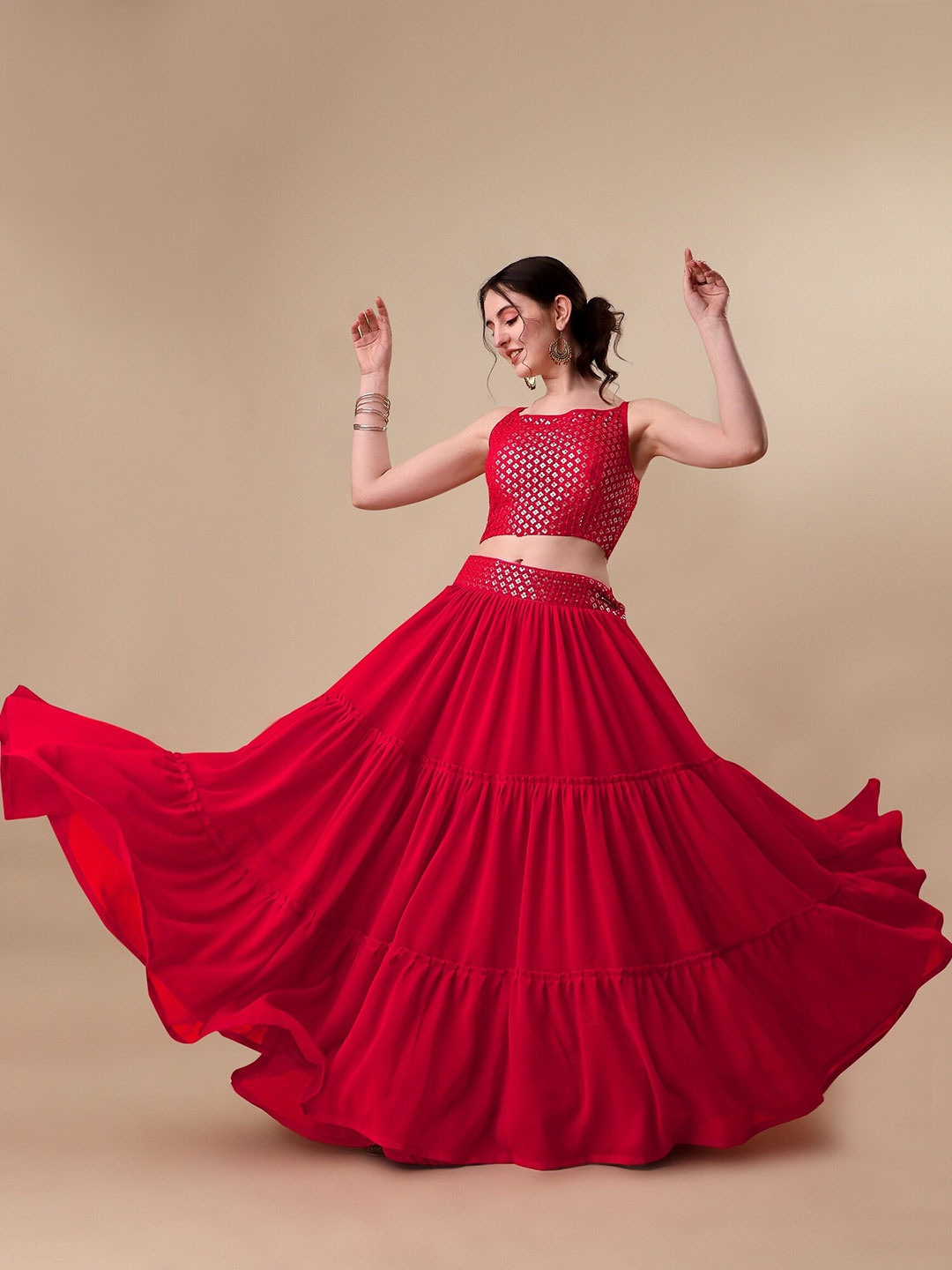 

NIZA FASHION Embroidered Sequinned Semi-Stitched Lehenga & Unstitched Blouse With Dupatta, Red