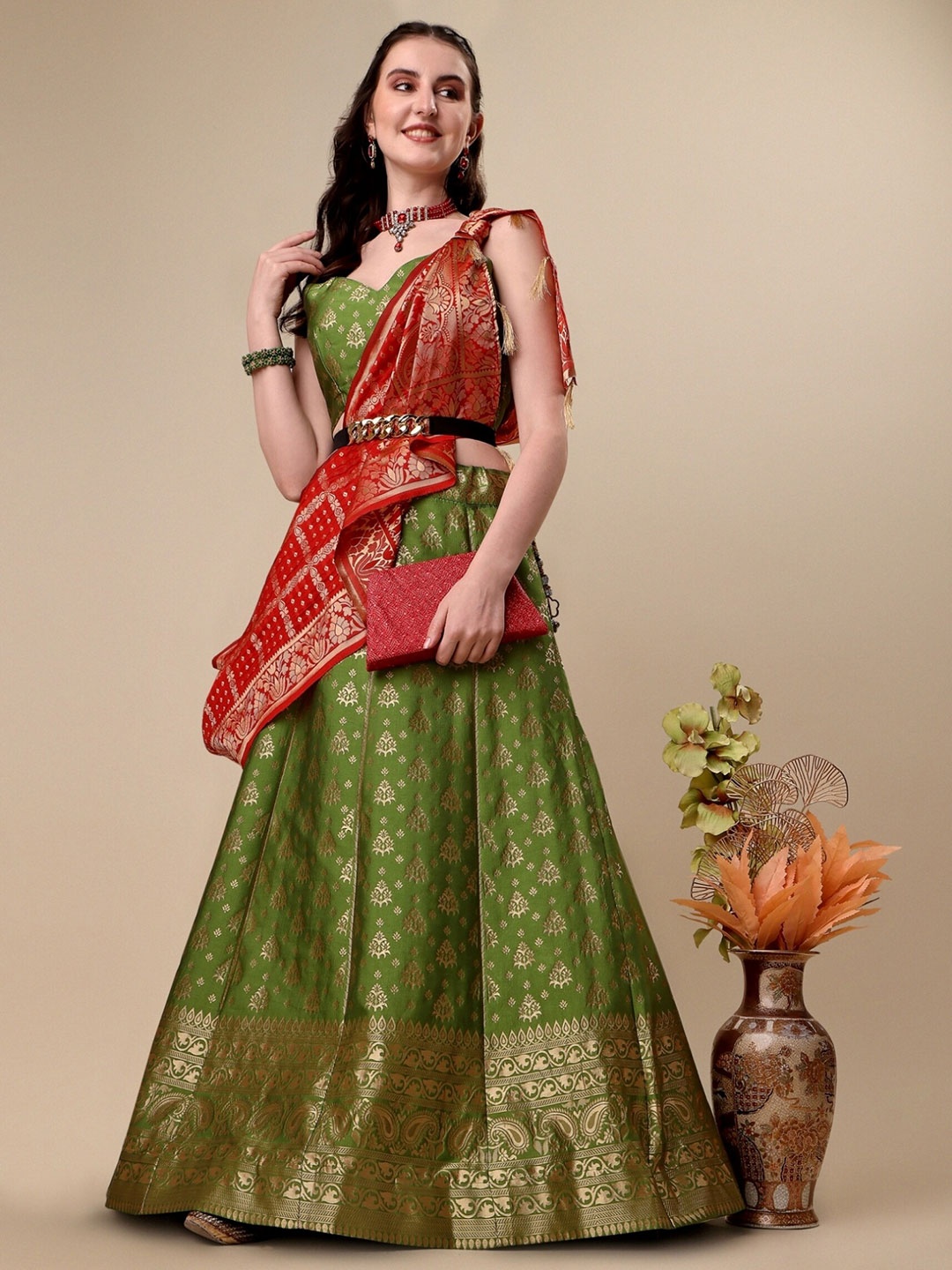 

NIZA FASHION Sleeveless Ready to Wear Lehenga & Unstitched Blouse With Dupatta, Olive