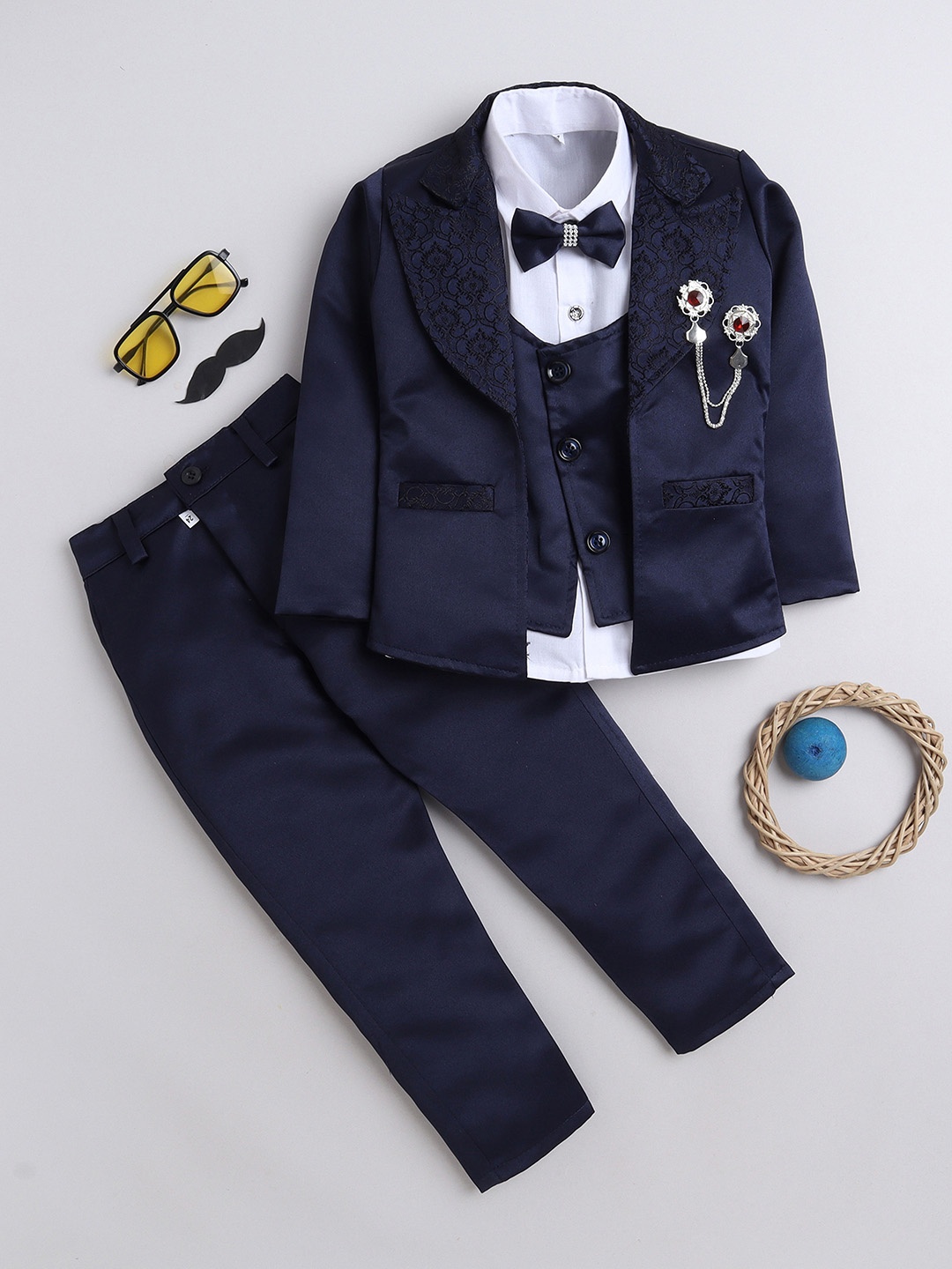 

FOURFOLDS Boys Self-Designed Notched Lapel Collar Single-Breasted Five-Piece Party Suit, Navy blue