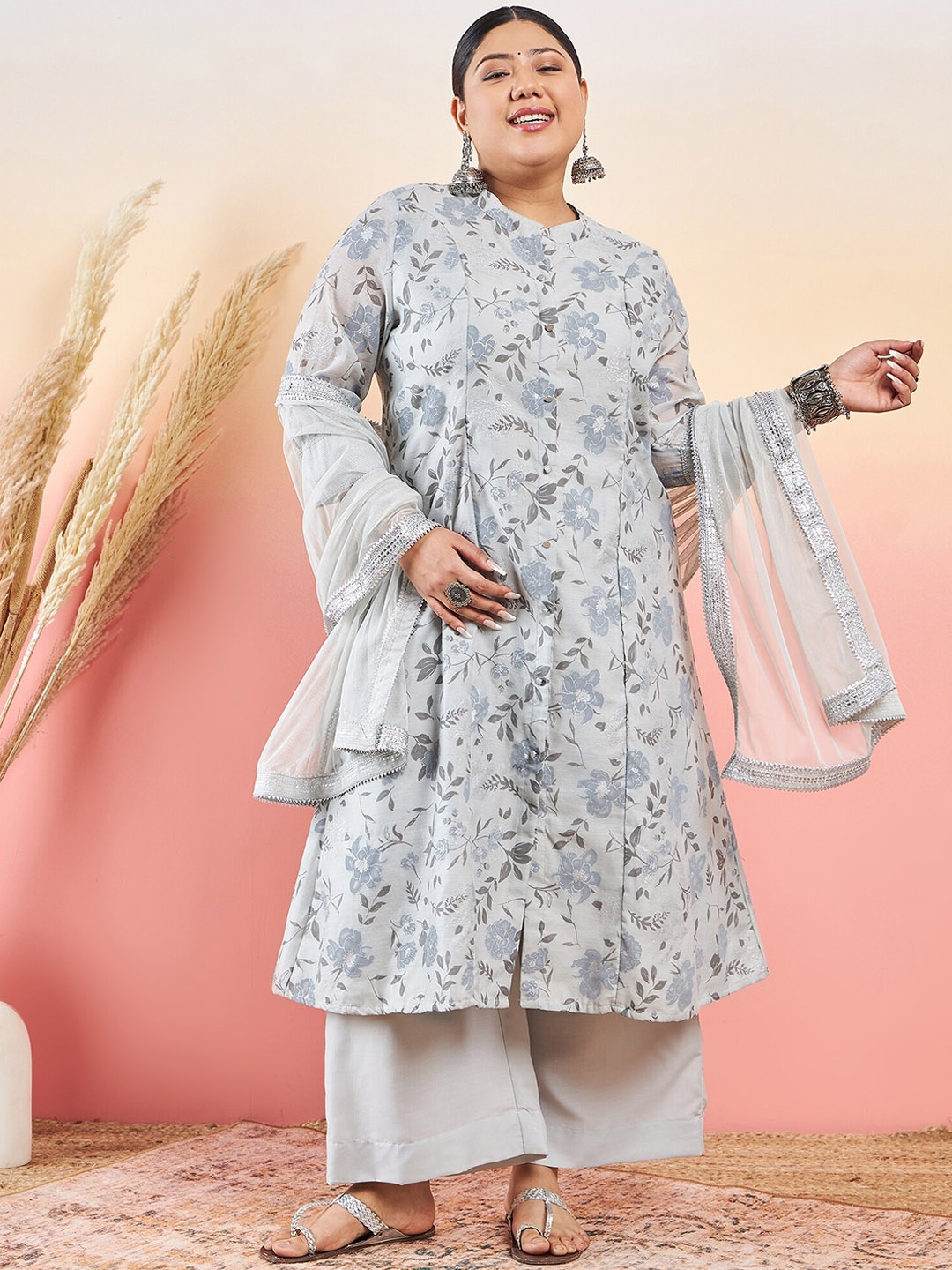 

Sztori Women Floral Printed A-Line Kurta With Palazzo & Dupatta, Grey