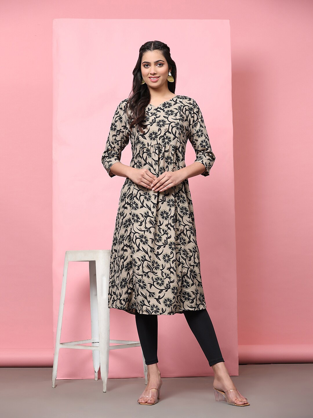 

KALINI Plus Size Floral Printed A-Line Maternity Kurta, Black