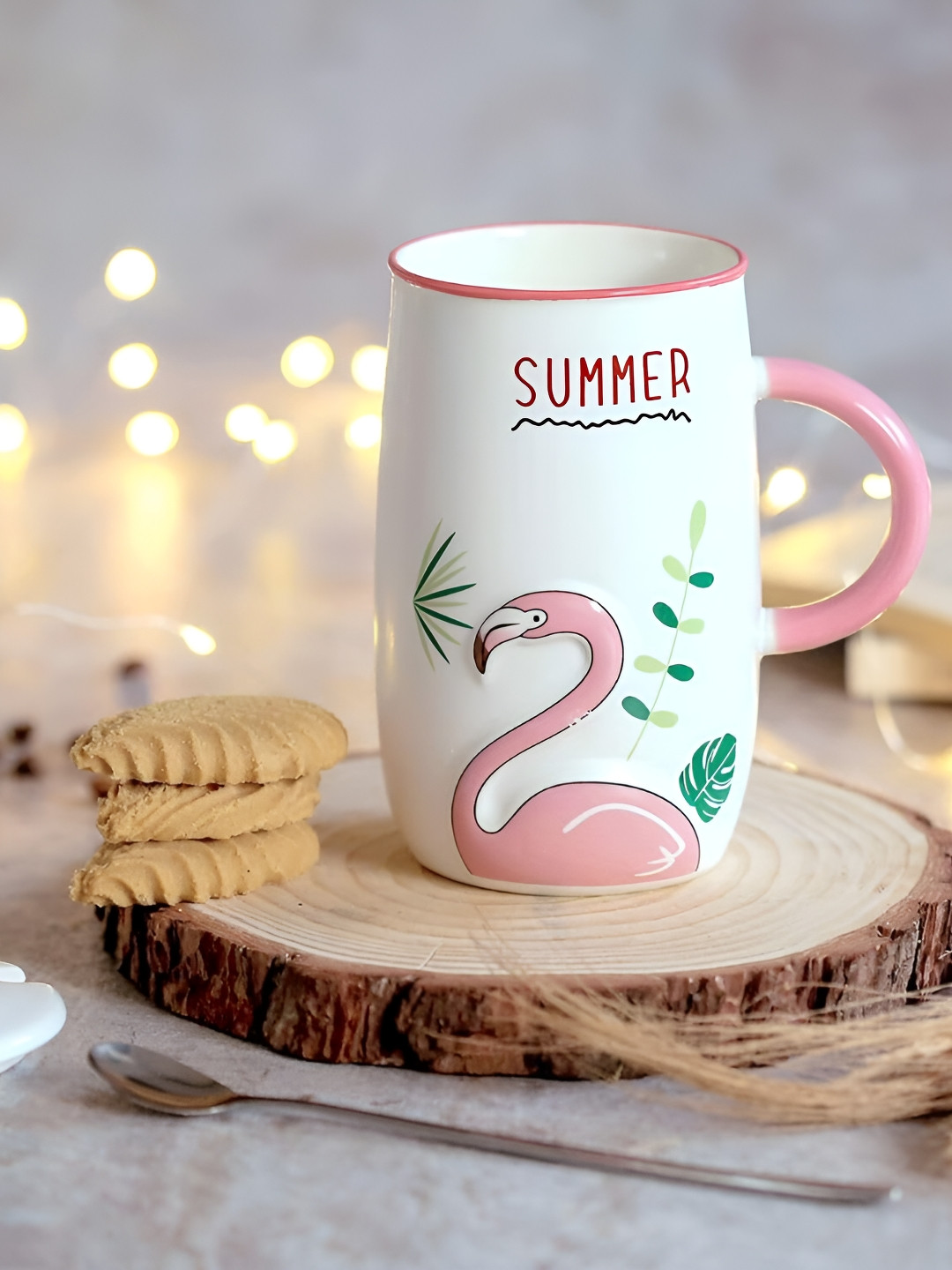 

Satyam Kraft 1 Pc Ceramic Embossed Flamingo with Lid and Spoon, Pink