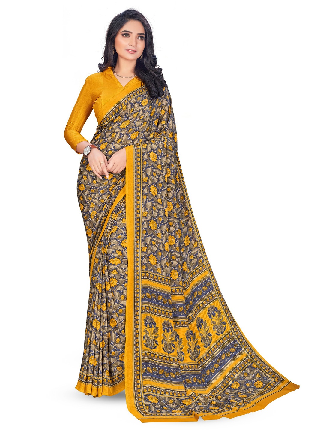 VIMLA Floral Printed Saree, Yellow
