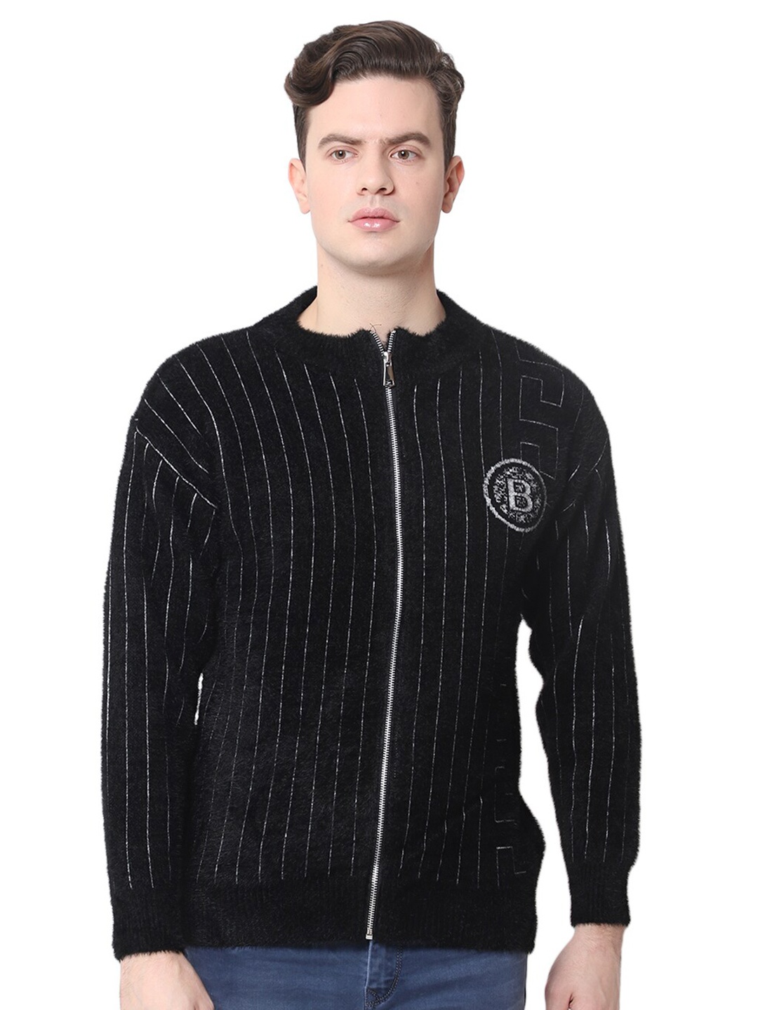 

Zacharias Men Striped Woollen Cardigan Sweater, Black