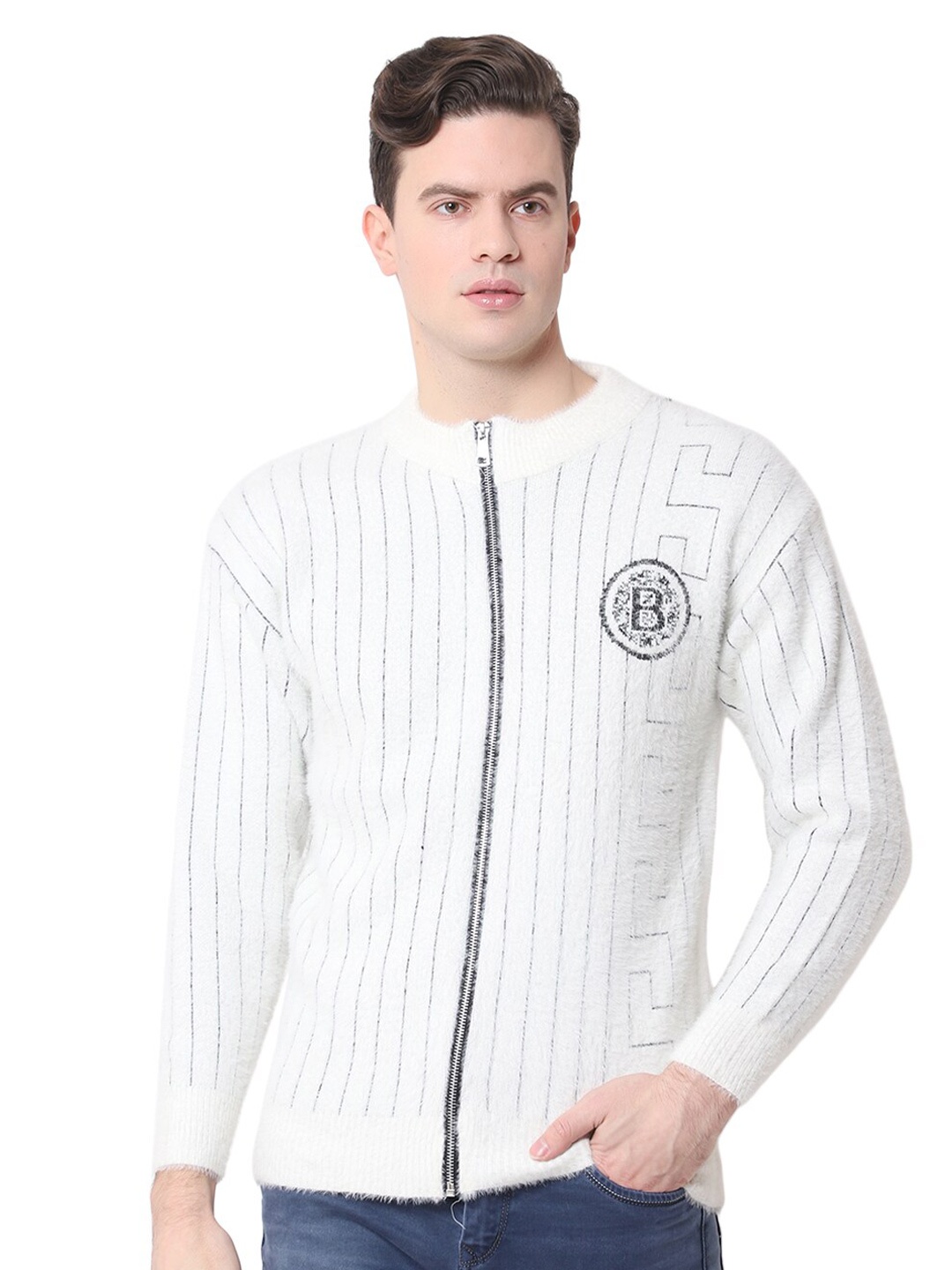 

Zacharias Men Striped Woollen Cardigan Sweater, White
