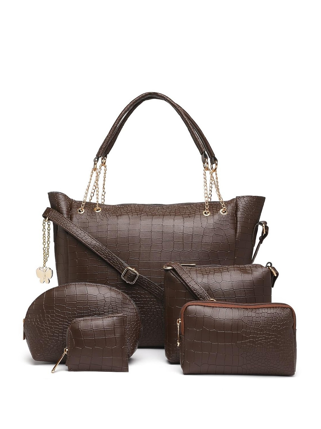 

Butterflies Set of 5 Textured Structured Handheld Bag, Coffee brown