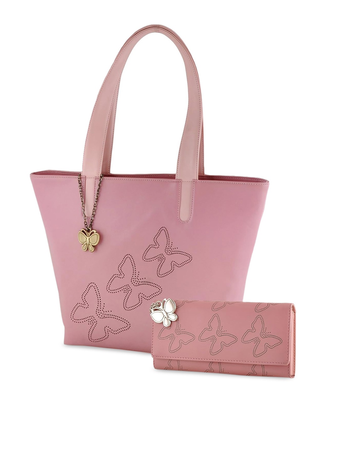 

Butterflies PU Structured Handheld Bag with Cut Work, Pink