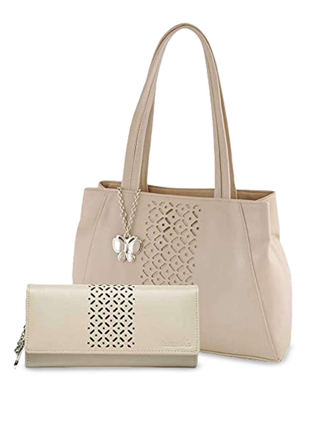 

Butterflies Cut Work Structured Handheld Bag & Pouch, Cream
