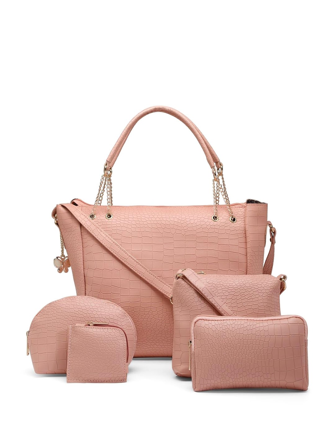 

Butterflies Set Of 5 Textured Swagger Handheld Bag, Pink