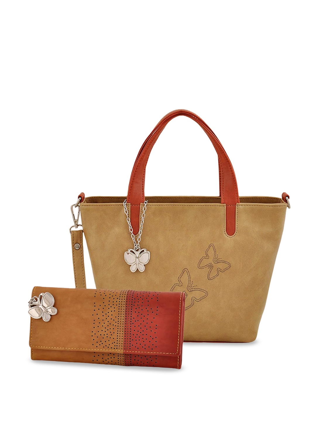 

Butterflies PU Shopper Shoulder Bag With Cut Work & Pouch, Beige