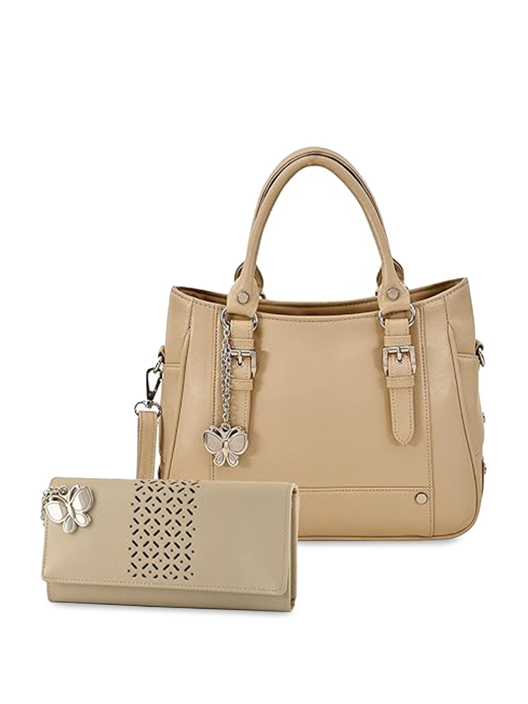 

Butterflies PU Structured Handheld Bag With Zip Detail & Pouch, Cream