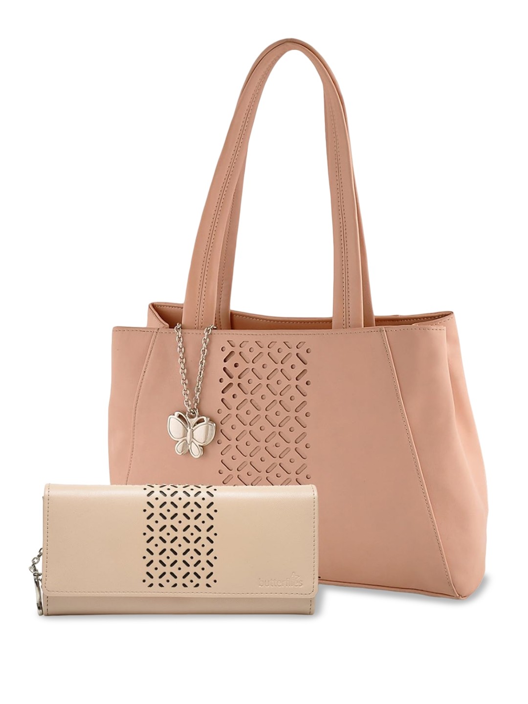

Butterflies Cut Work Shopper Shoulder Bag With Wallet, Peach