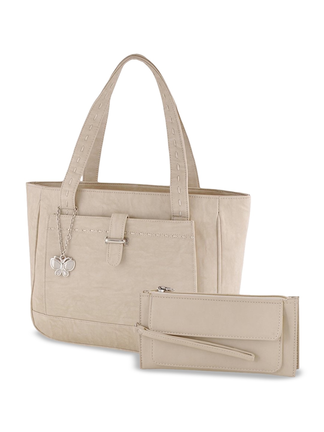 

Butterflies Zip Detail PU Shopper Shoulder Bag & Pouch, Cream