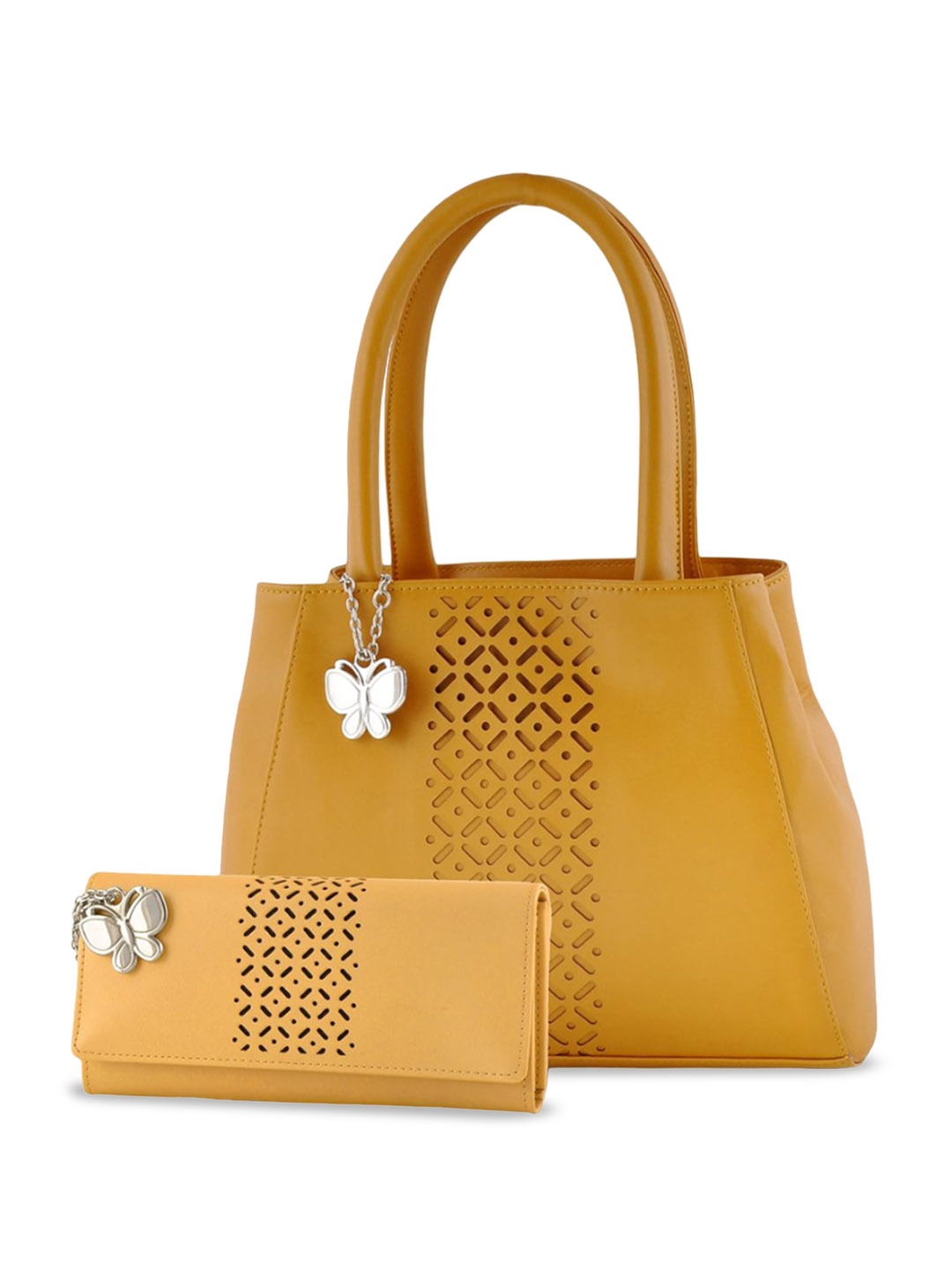 

Butterflies Structured Shoulder Bag with Wallet, Mustard