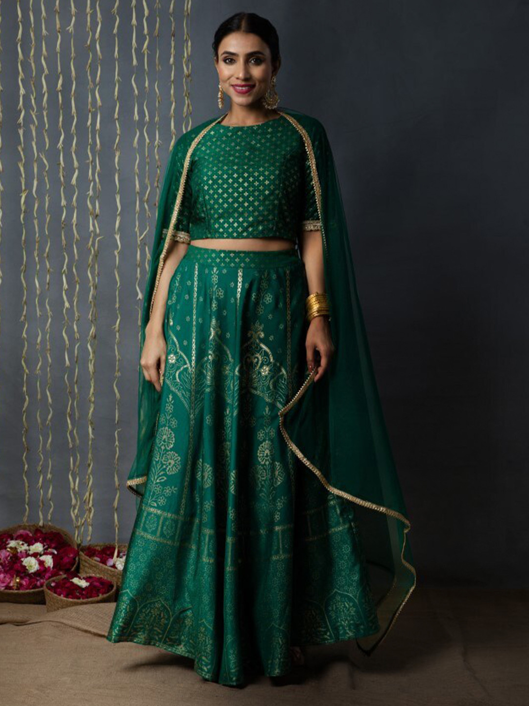 

Juniper Printed Ready To Wear Lehenga & Blouse With Dupatta, Green